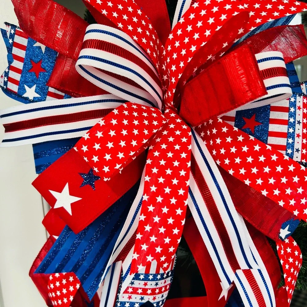 XL Patriotic Red, Navy & White Ribbon Bow Wreath Accent Handmade